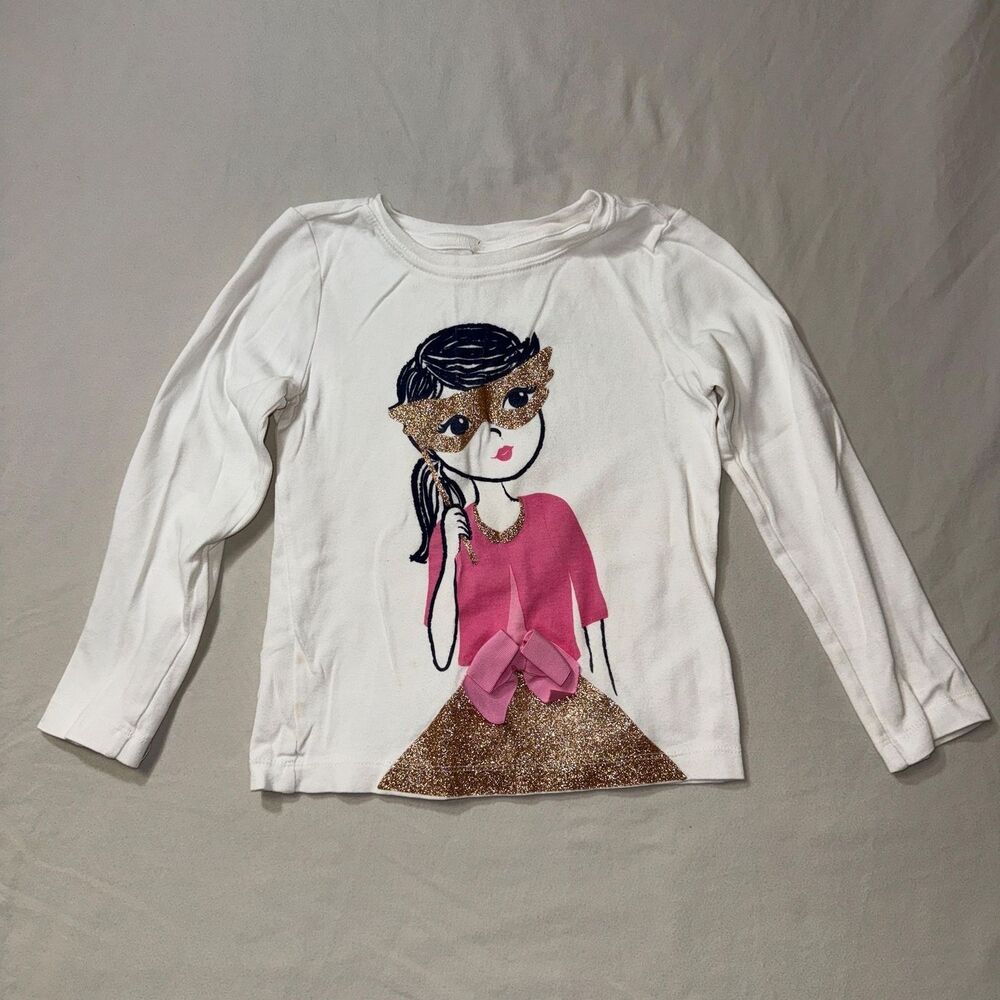 Gymboree Masquerade Mask Shirt Girl's 5 Long Sleeve White Casual Tee Top Glitter